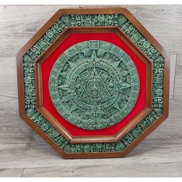 Mexican Other - Vintage Mayan Aztec Sun Calendar Crush Malachite Stone Mexican Wall Hanging Art